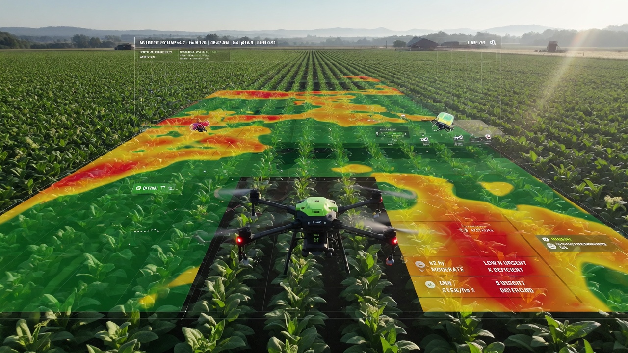 Un drone DJI T60 effectuant une fertilisation à taux variable, épandant uniformément de l'engrais organique le long d'une route planifiée par RTK